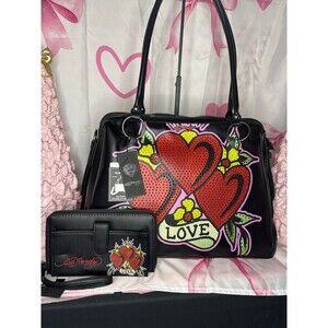 Ed Hardy Love Hearts Rhinestone Satchel Handbag and Wallet